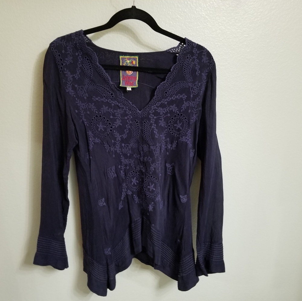 Navy blue silk Johnny Was blouse size S